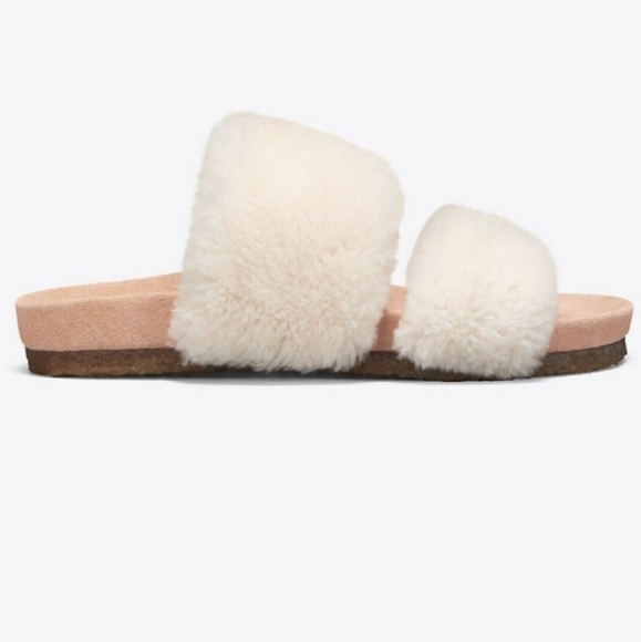 Tory Burch Fur slippers Beige sz 8 Sheldon Shearling Two Band Slide - Picture 4 of 13